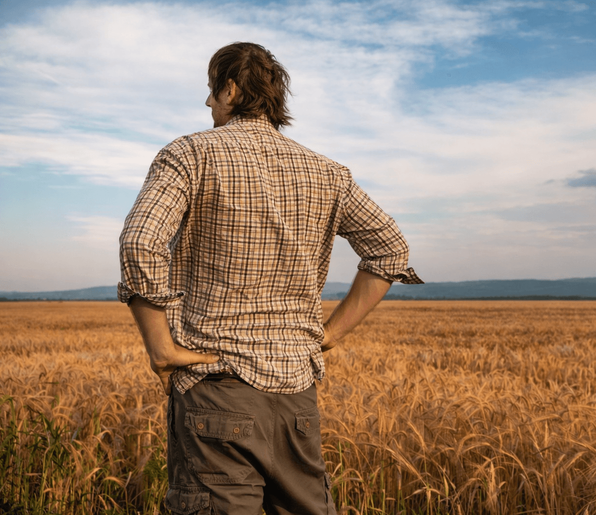 Persona observando el campo al atardecer